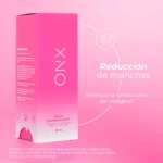 Tónico despigmentante Onix de 30 ml en envase rectangular rosa degradado. Incluye instrucciones de uso y beneficios de reducción de manchas en la piel.