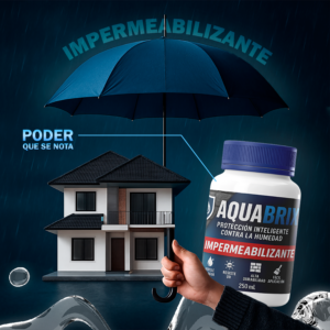 Aqua Brix impermeabilizante en presentación de 250 ml protegiendo una casa moderna bajo lluvia, sostenido por un paraguas azul.