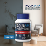 Frasco de impermeabilizante Aqua Brix 250 mL, protección contra humedad en pared con sofá y sillón.