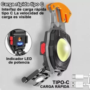 Linterna LED tipo C de carga rápida con gancho naranja y luz potente, ideal para llavero.