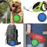 Set 3 bebederos plegables de silicona para mascotas, verde y azul, en uso con perro, correa y mochila.