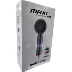 Caja de cartón blanca con el secador iónico compacto Maxi Professional Gold HD-8081 color gris, diseño circular moderno y logo de salón profesional.