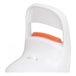 Rizador de pestañas eléctrico blanco con almohadilla naranja y botón lateral.