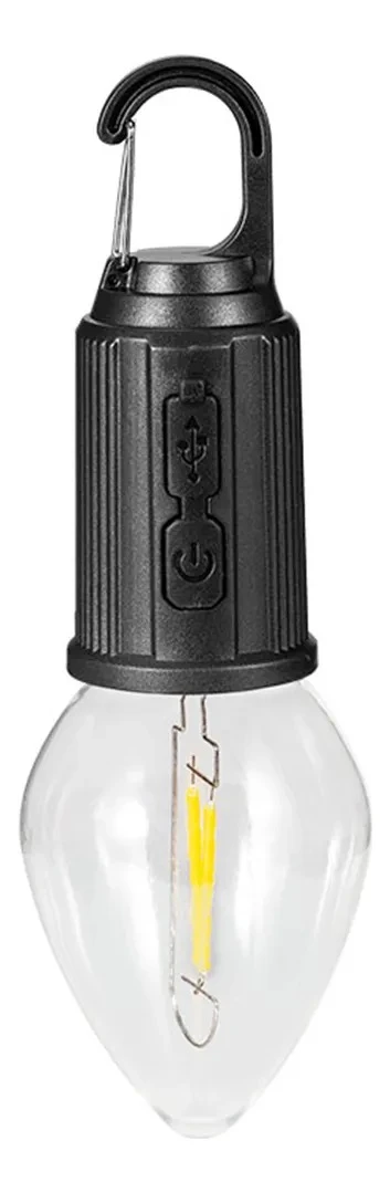 Lámpara LED de camping negra tipo bombilla transparente, recargable con gancho y puerto USB.