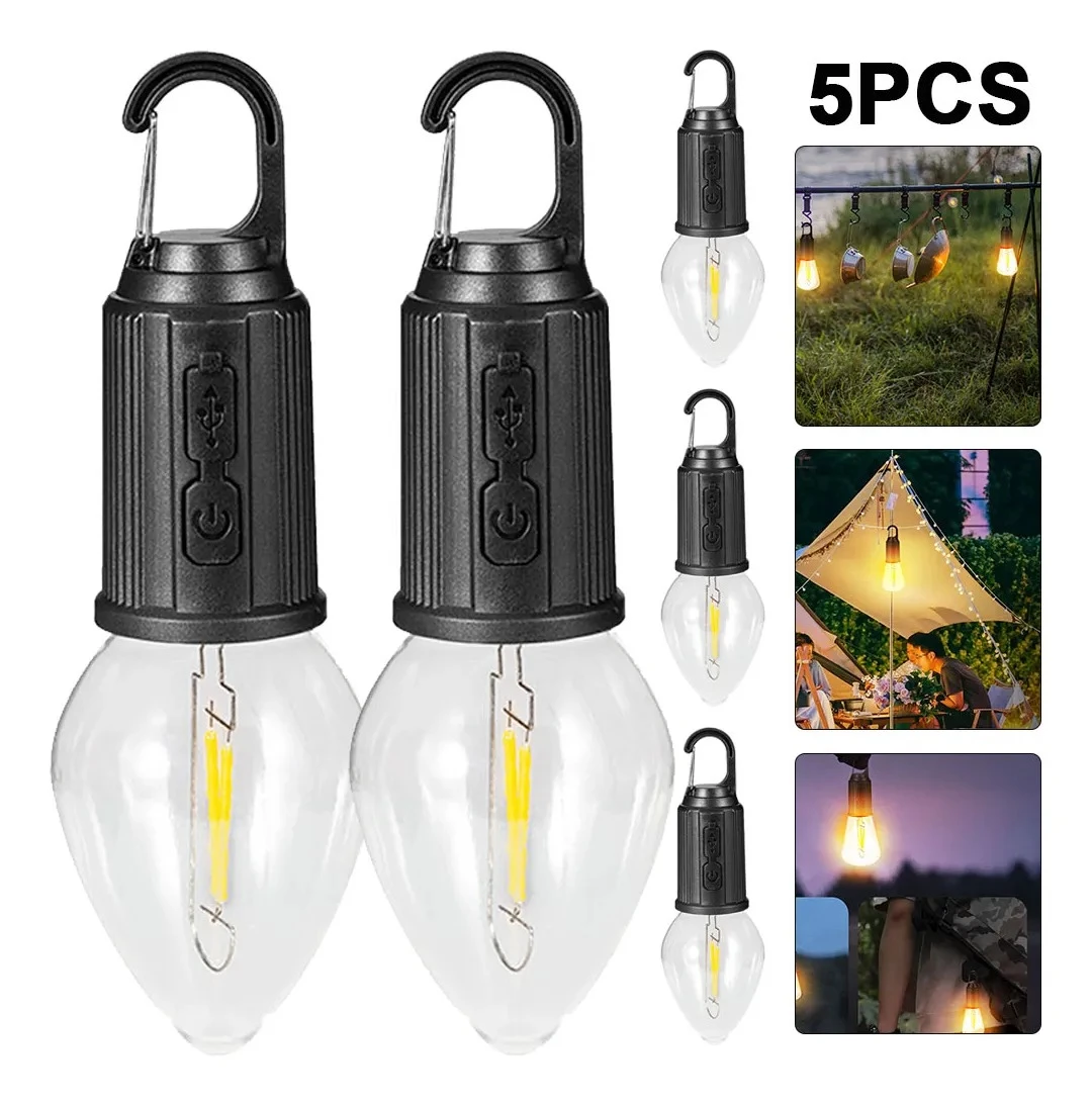 Set de 5 lámparas LED de camping con gancho, cuerpo negro y bombilla transparente tipo filamento, ideales para colgar en carpas o espacios exteriores.