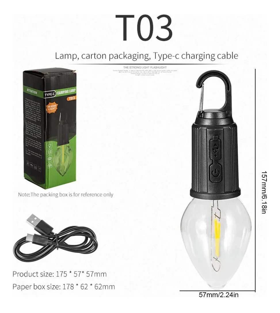 Lámpara de camping LED modelo T03 con gancho, cable USB tipo C y caja de empaque. Mide 157x57mm, emite luz cálida y es recargable.