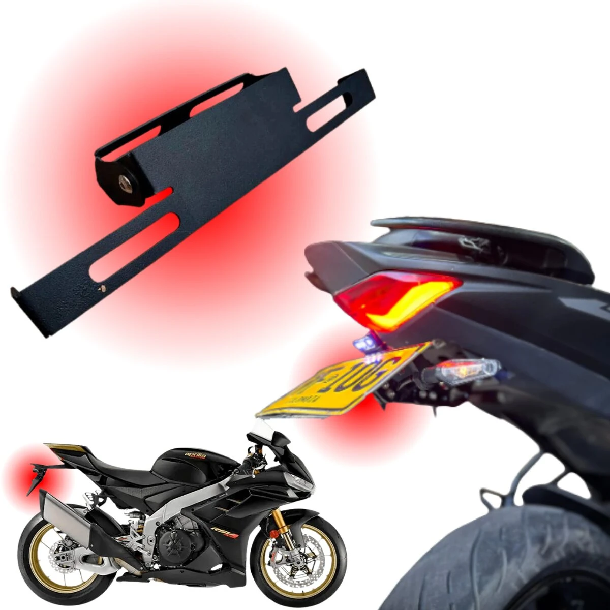 Porta placa negro para moto, ajustable. Se muestra con Aprilia negra y parte trasera de otra moto deportiva con luz LED.