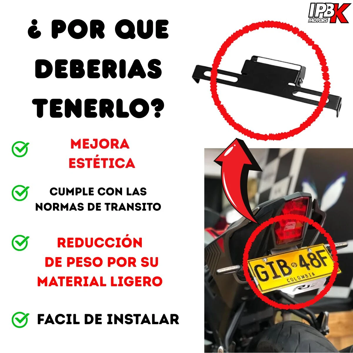 Fender porta placa para moto, mejora estética, ligero y fácil de instalar. Incluye soporte y detalles de instalación.