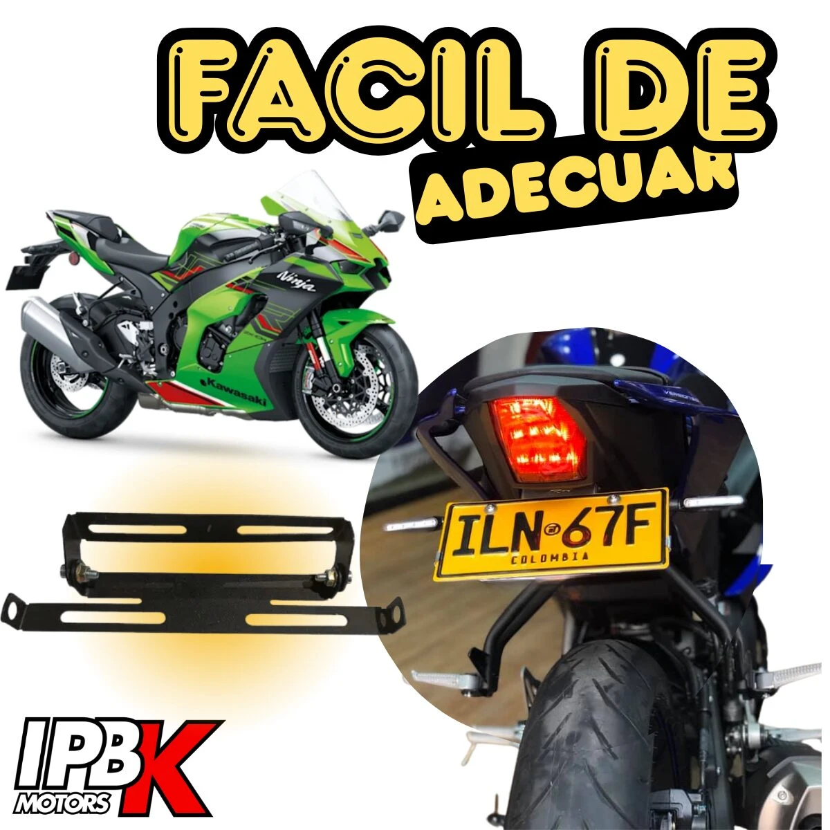 Fender porta placa para moto Kawasaki Ninja verde. Incluye accesorio soporte y placa colombiana.
