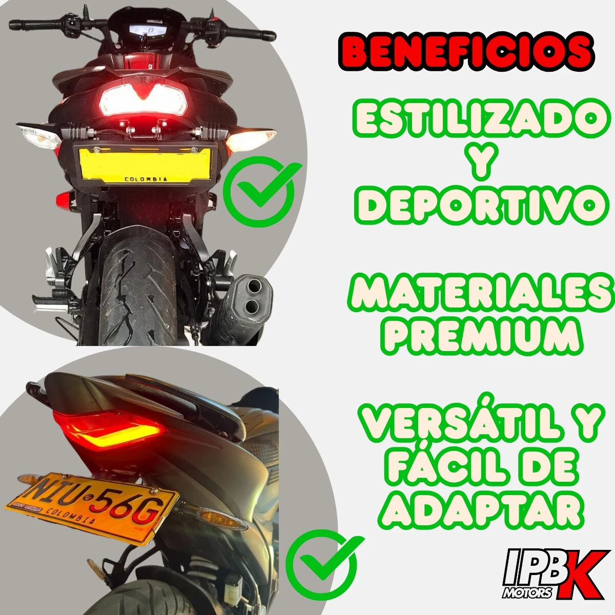 Porta placa para moto universal estilo deportivo, negro, con luz de freno LED y fácil instalación.