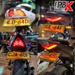 Fender Porta Placa Moto Universal varios modelos y placas con luces LED traseras rojas y amarillas.