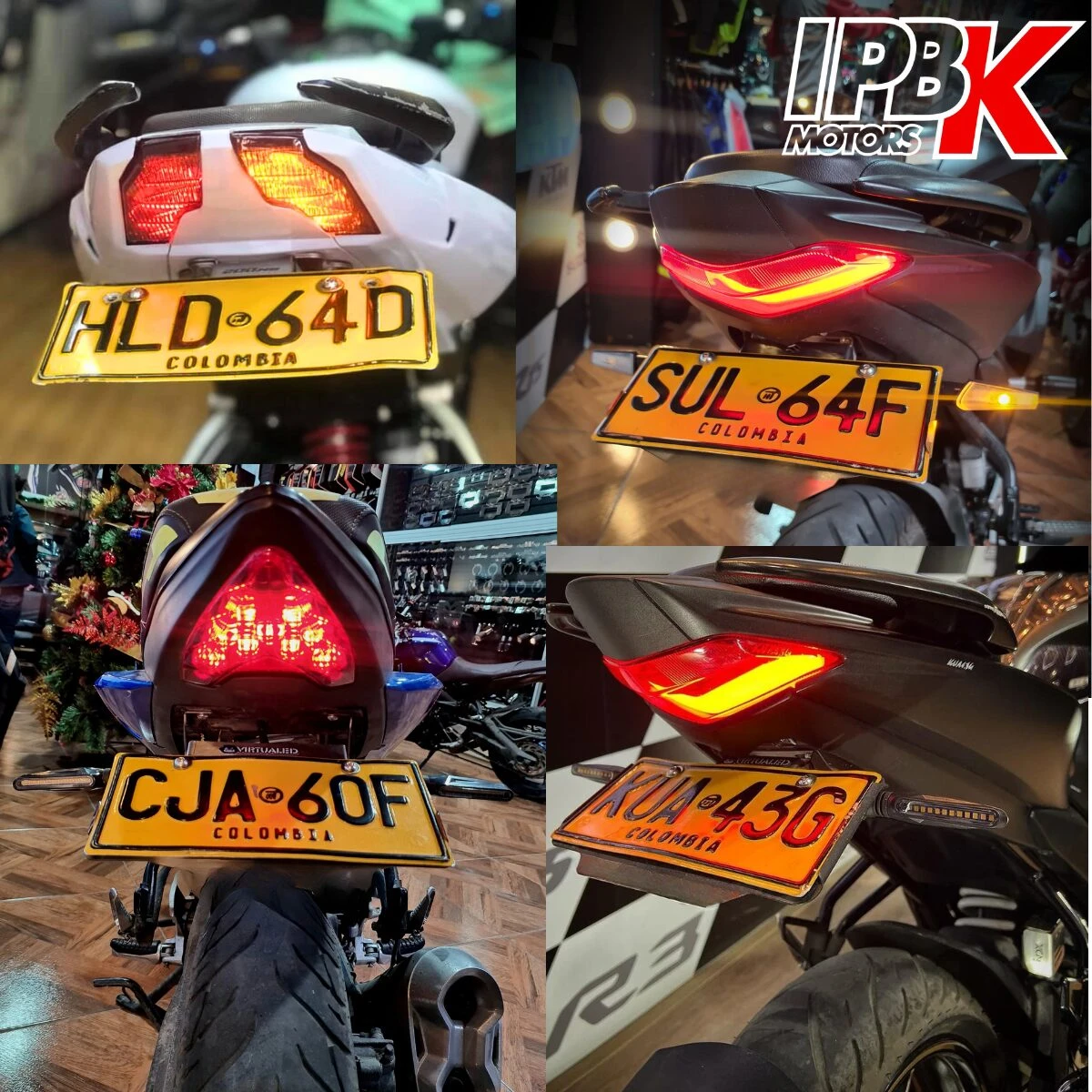 Fender Porta Placa Moto Universal varios modelos y placas con luces LED traseras rojas y amarillas.