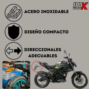 Porta placa para moto universal en acero inoxidable, diseño compacto y direccionales ajustables. Detalle de motocicleta negra y amarilla.