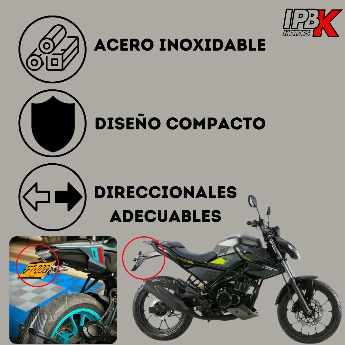 Porta placa para moto universal en acero inoxidable, diseño compacto y direccionales ajustables. Detalle de motocicleta negra y amarilla.