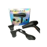 Secador de cabello profesional negro de 5000W junto a su caja, incluye dos boquillas concentradoras de aire para peinado y cable de alimentación largo.