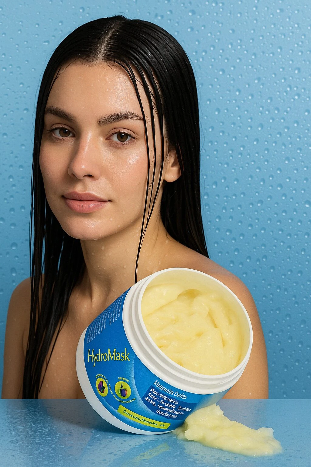 Mujer con cabello mojado y mascarilla capilar Hydromask en tarro blanco y azul, fondo azul con gotas.