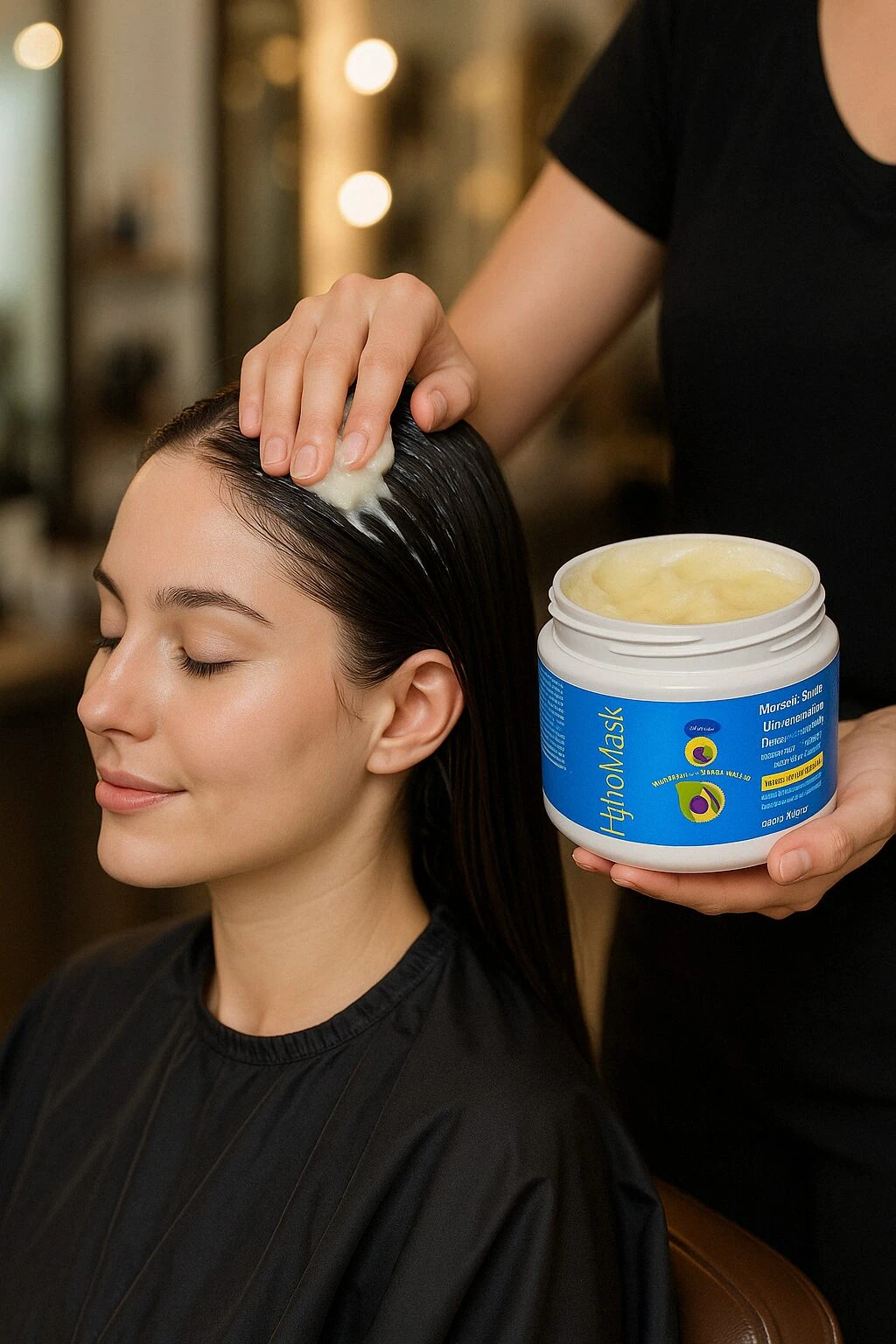 Mujer recibe mascarilla capilar Hydromask, aplicación en cabello mojado.