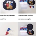 Amplificador auditivo en estuche negro con amplificadores rojos y azules, baterías y manual.