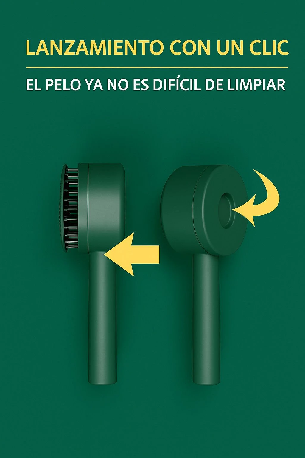 Dos cepillos automáticos color verde petróleo con sistema de autolimpieza mediante botón trasero; se muestra el mecanismo de expulsión de pelos.