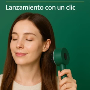 Mujer con ojos cerrados peinando su cabello castaño con un cepillo automático de aire color verde oscuro, diseño ergonómico de un solo botón.
