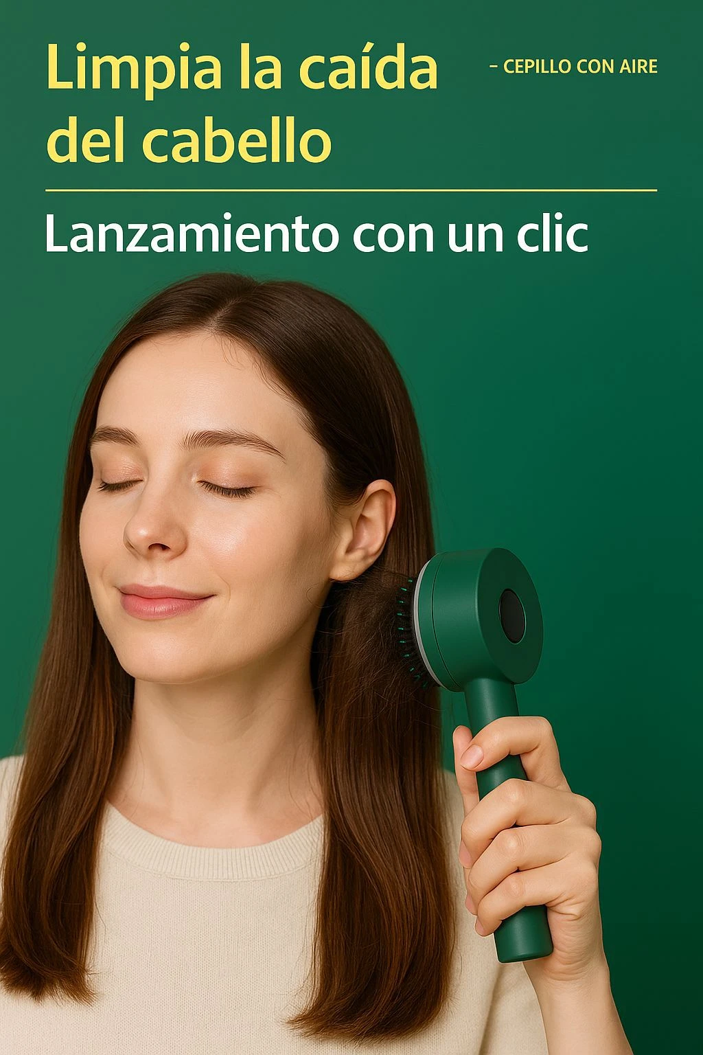 Mujer con ojos cerrados peinando su cabello castaño con un cepillo automático de aire color verde oscuro, diseño ergonómico de un solo botón.