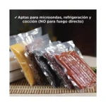 Bolsas empacadoras al vacío con alimentos: amarillo, negro, rojizos y carnes. Aptas microondas y refrigeración.