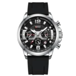 Reloj cronógrafo OFNS 1304 para hombre, con correa de silicona negra y esfera negra con detalles plateados.