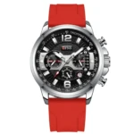 Reloj Ofsn 1304 para hombre, correa de silicona roja, cronógrafo plateado con dial negro y detalles luminosos.