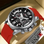 Reloj OFNS 1304 para hombre con correa de silicona roja, cronógrafo y esfera negra con detalles plateados.