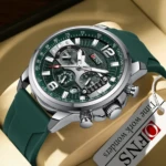 Reloj OFNS de hombre, cronógrafo verde con correa de silicona y detalles plateados.