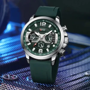 Reloj Ofsn 1304 para hombre con correa de silicona verde, esfera multifunción y bisel plateado.