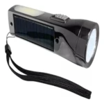 Mini linterna negra con panel solar, luz LED blanca superior y correa.