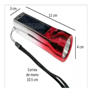 Mini linterna roja metálica con panel solar, 11 cm de largo. Incluye correa de mano de 10.5 cm.