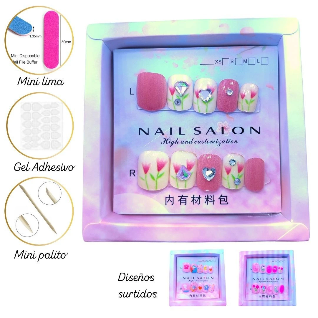 Set de uñas postizas decoradas con flores y gemas, incluye lima de 50mm, gel adhesivo y palito de naranjo. Disponible en diferentes diseños y tamaños.