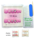 Set de uñas postizas rosadas con diseño degradado y apliques brillantes, incluye kit de aplicación, almohadilla de alcohol y muestras de otros modelos.