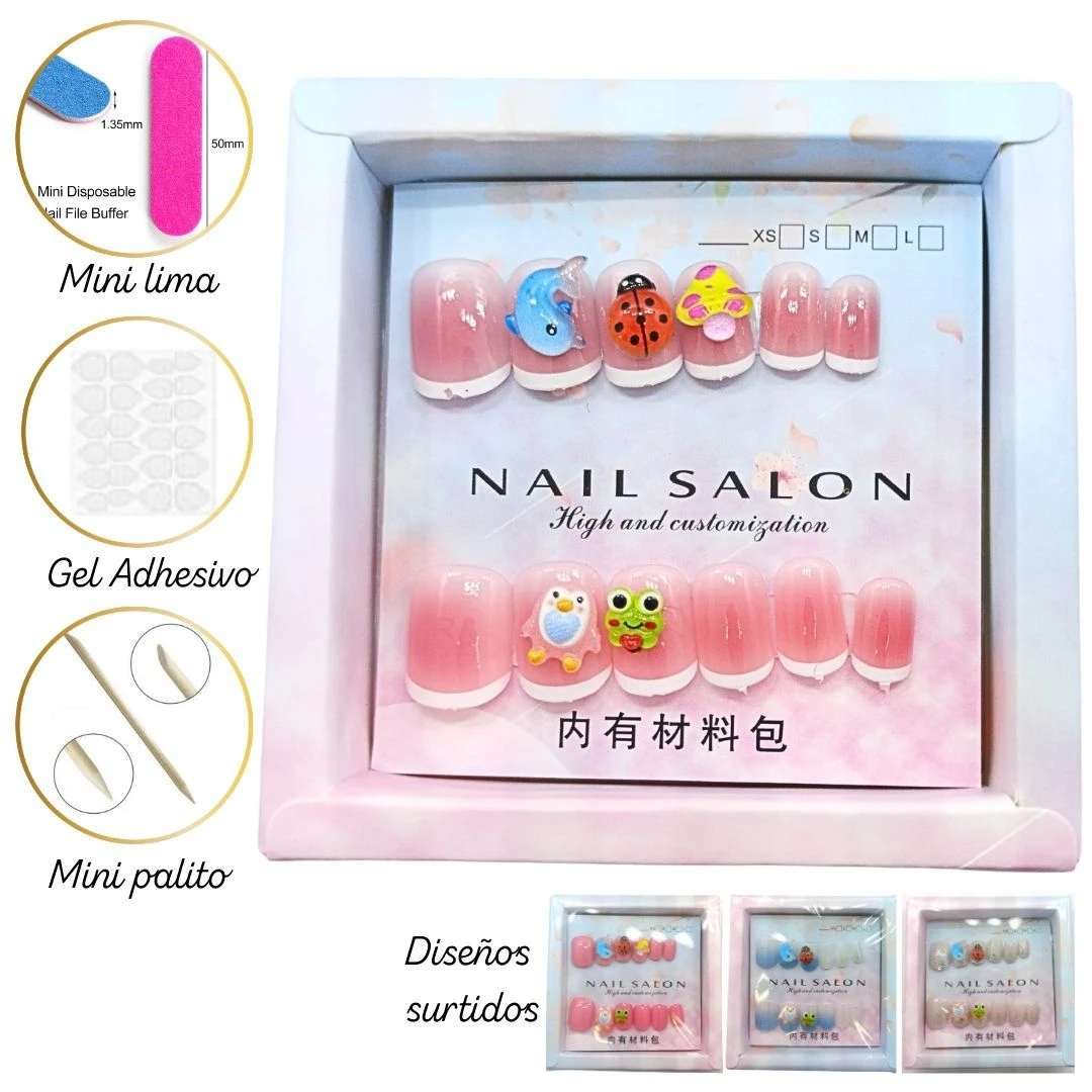 Set de uñas postizas estilo francés con apliques de animales y hongos, incluye mini lima de 50mm, adhesivos de gel y palitos de madera.