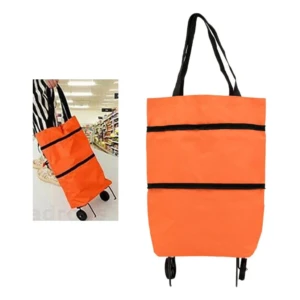Bolsa naranja para mercado con ruedas y asas negras, ideal para compras.