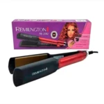 Plancha para cabello Remington RE-2082 roja y negra con placas doradas, mostrada junto a su caja de empaque morada que destaca su función profesional.