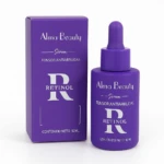 Set x2 Serum Retinol Tensor Antiarrugas Alma Beauty morado con aplicador cuentagotas, caja y frasco.