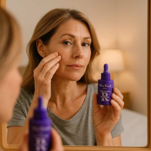 Mujer aplicando serum de retinol púrpura de Alma Beauty en rostro, reflejo en espejo.