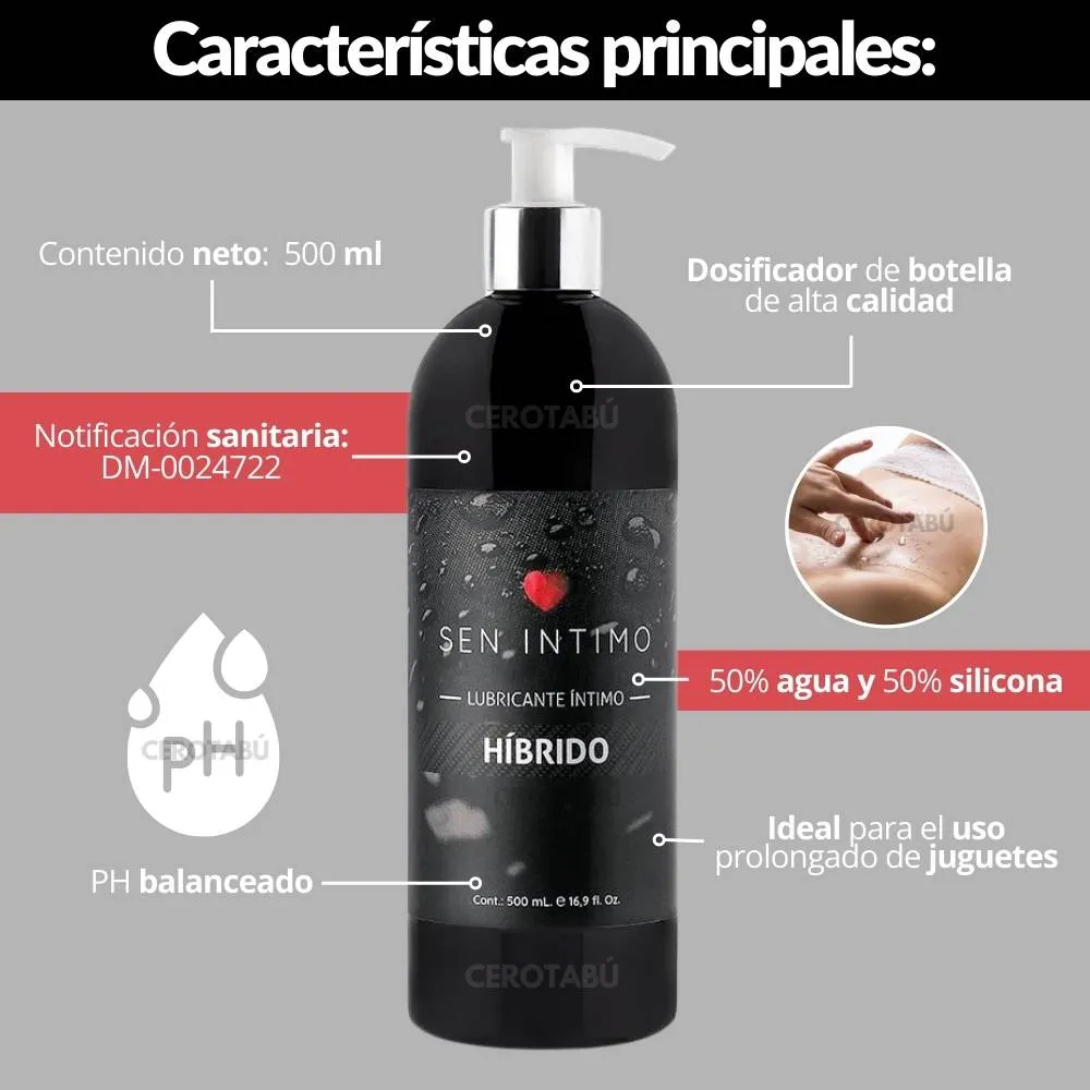 Lubricante íntimo híbrido 500ml, 50% agua 50% silicona, PH balanceado, ideal para uso prolongado con juguetes.