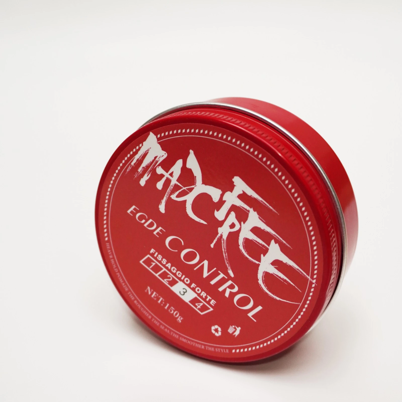Cera para el cabello MacFree Edge Control en lata redonda de color rojo, presentación de 150g, con acabado liso y tapa metálica en ángulo lateral.