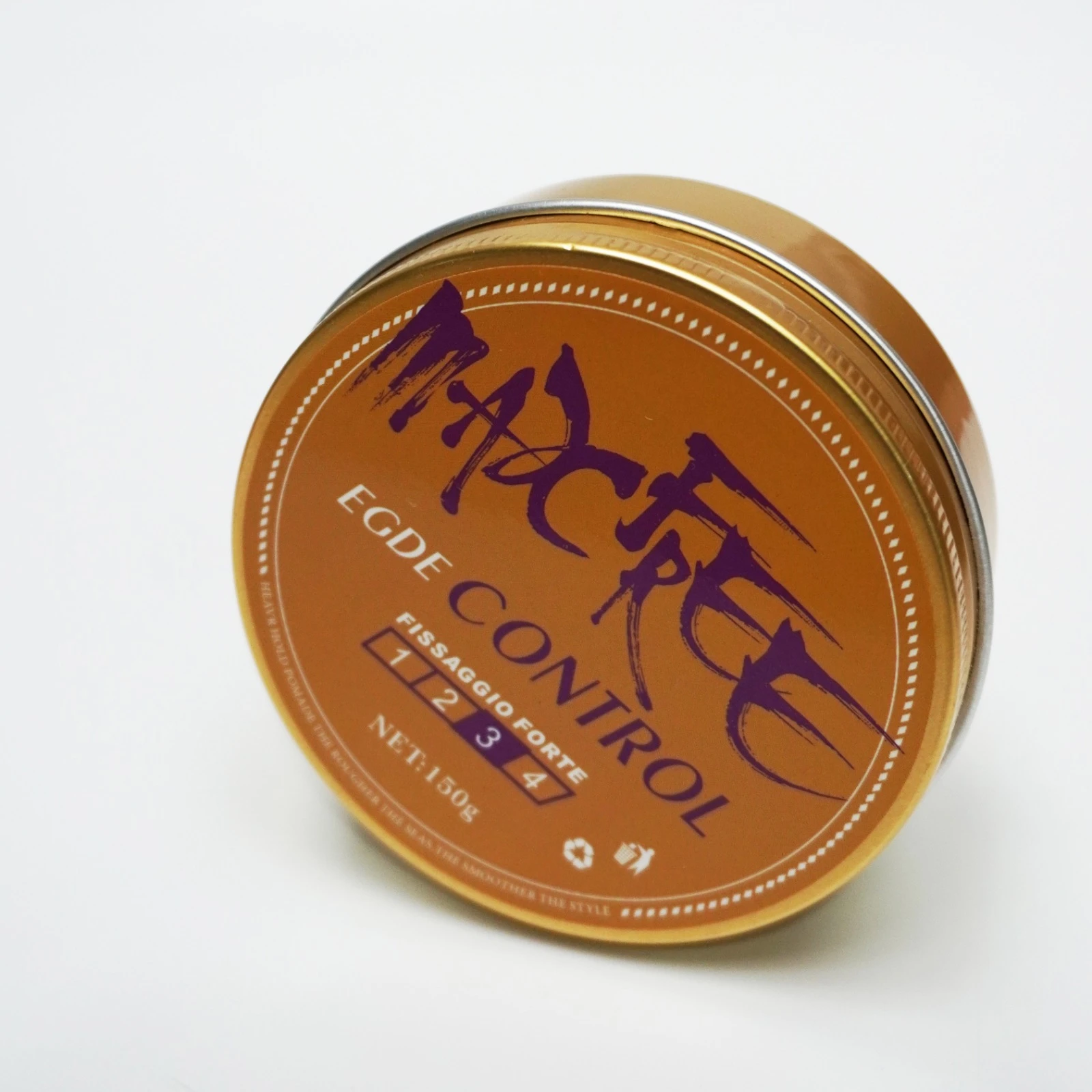 Cera para el cabello Macfee Edge Control en tarro metálico dorado, presentación de 150g con tapa superior marcada con niveles de fijación fuerte.