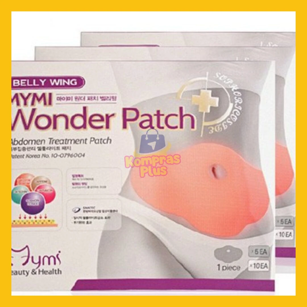 Set x2 parches adelgazantes MYMI Wonder Patch para abdomen, empaque con modelo y explicación de uso.