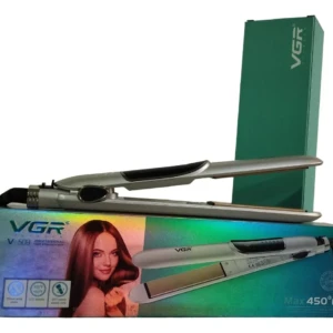 Plancha profesional VGR V-509 color plateado con placas de 25mm, junto a su caja verde que muestra el producto, especificaciones y temperatura de 450°F.