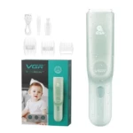 Cortadora de cabello VGR V-155 color verde menta con función de succión, incluye tres peines guía, cable USB, cepillo de limpieza y aceite en caja.