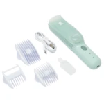 Cortadora de cabello para bebé VGR verde menta con succión, incluye cable de carga USB, tres peines guía de diferentes medidas y un cepillo limpiador.