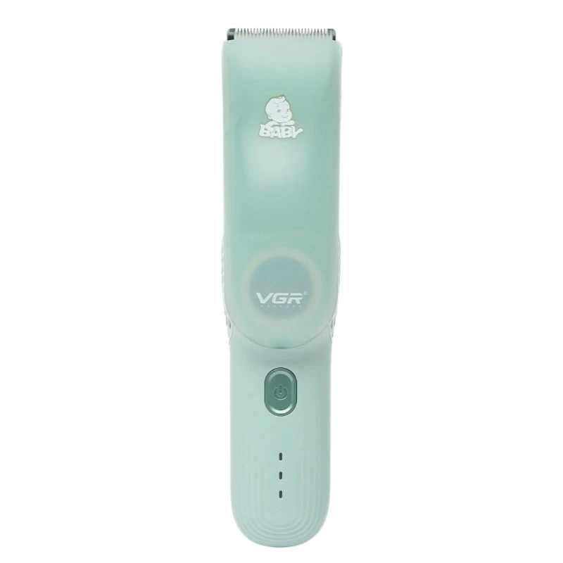 Cortadora de cabello para bebé VGR V-155 color verde menta con diseño ergonómico, succión integrada, botón de encendido central y tres indicadores LED.
