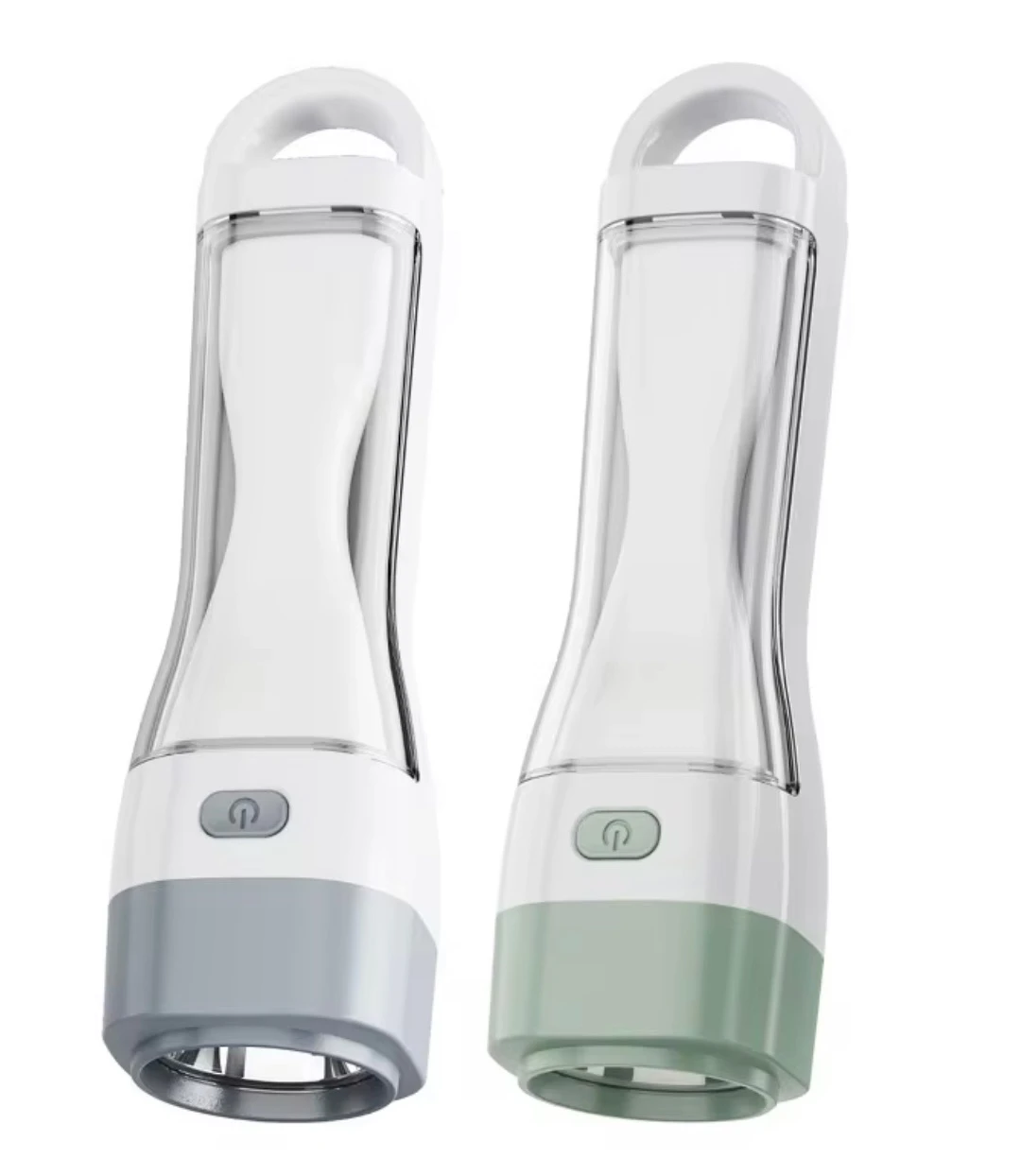 Linterna recargable portátil en gris y verde. Diseño ergonómico con asa y botón de encendido. Ideal para exteriores.