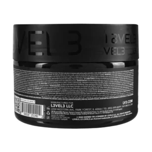 Envase cilíndrico de gel negro para el cabello L3VEL3, vista trasera con etiqueta detallada, lista de ingredientes y contenido neto de 250 mililitros.